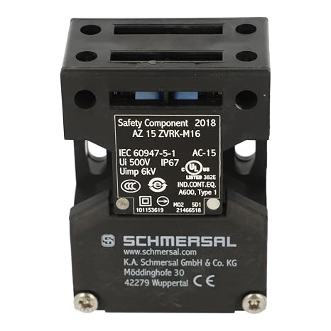 SCHMERSAL AZ 15 ZVRK-M16 (101153619), 1 NC Contact, 10 AMP Thermal Test, 3 Cable Entries M16X1.5,30 to +80 Degree C, 500 V Rated Insulation, 6 KV Rated Impulse Withstand, Contacts: 230 VAC / 24 VDC