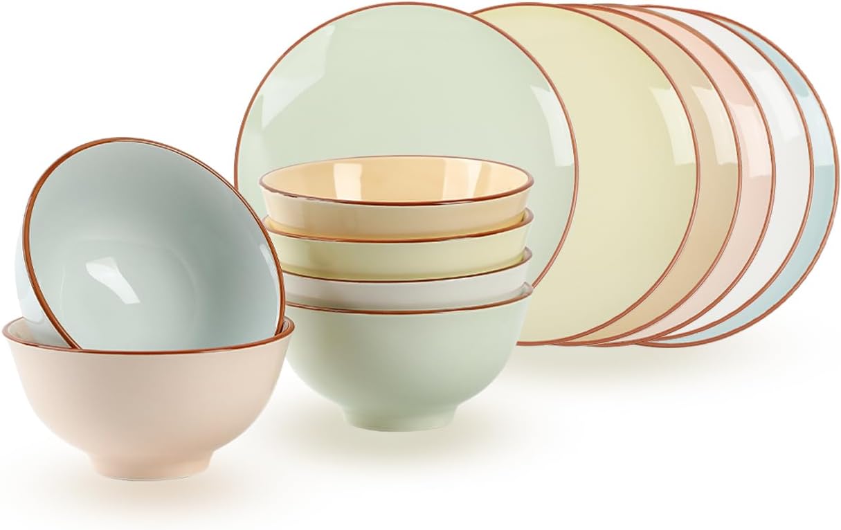 Ceramic Plate and Bowl Set - Includes 8-Inch Salad Plates and 23 oz Cereal Bowls - Assorted Colors - Microwave and Dishwasher Safe - 12-Piece