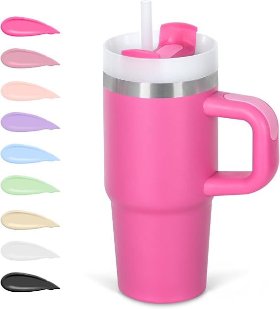 Cosictic 14 Oz Tumbler with Handle and Straw for Kids, Stainless Steel Double Wall Vacuum Insulated Cup for Children, 14 Oz Cups for Kids (Hot Pink)