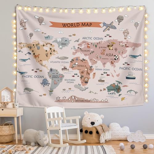 LIANGW Kids World Map Tapestry, Animal Continents Educational Geography Wall Hanging, Wildlife Learning Wall Blanket for Nursery, Classroom, Toddler Bedroom, Playroom Decor 50x60 Inch