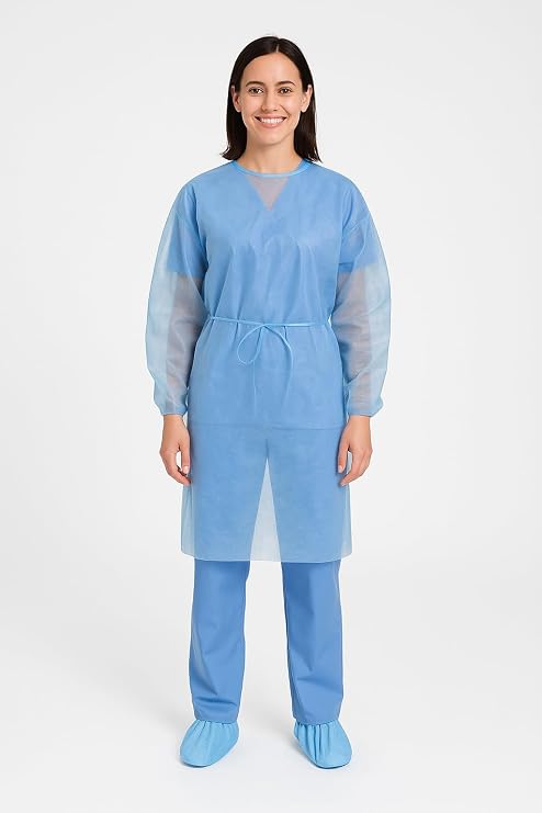 Disposable Isolation Gowns with Elastic Cuffs, 100 Blue & Yellow & White, Lightweight Breathable Non-Woven, Fluid Resistant, Unisex Tie-Back Protective Apparel, Blue, One Size fits All