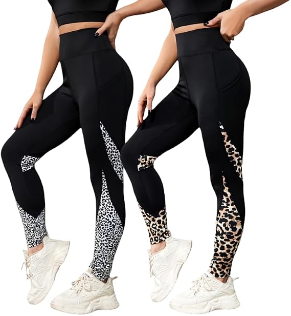 2Pcs Women's Leopard Mesh High Waisted Tummy Control Squat Leggings with Pocket for Workout Running Yoga