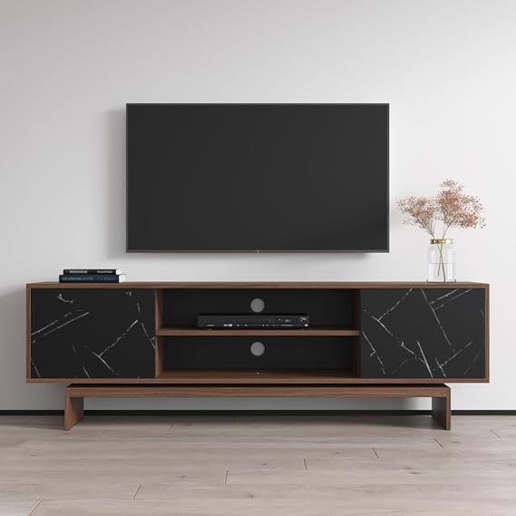 Meble Furniture Gram Freestanding TV Stand Modern Rectangular Media Console Fits TVs up to 80", 59.8" W x 15.7" D x 23.6" H Walnut/Black