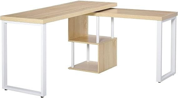 REALONE 55" 360Rotating L-Shaped Home Office Computer Desk, Rotating Corner Desk with Storage Shelves, Left or Right Side Combo Table, Study Writing Desk Two Workstations, Oak