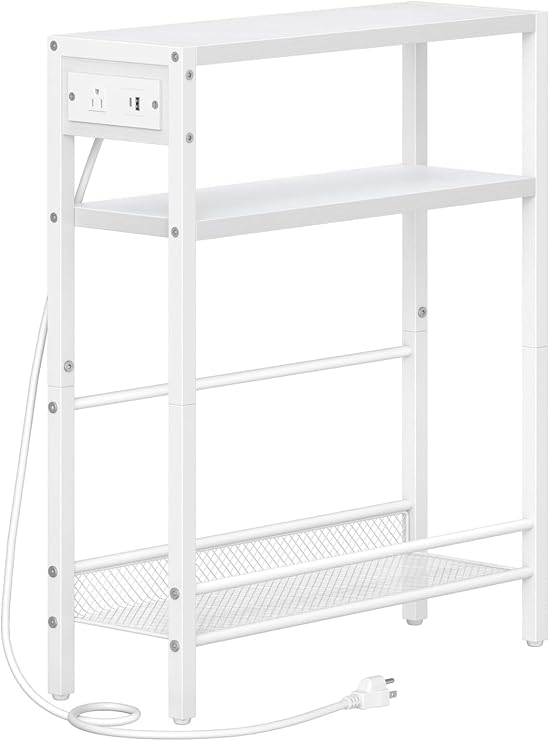 HOOBRO Small Narrow Side Table with Charging Station, Skinny End Table for Small Spaces, Slim Nightstand with USB Ports Outlet, Sofa Beside Table with Storage Shelf, White WT102UBZ01