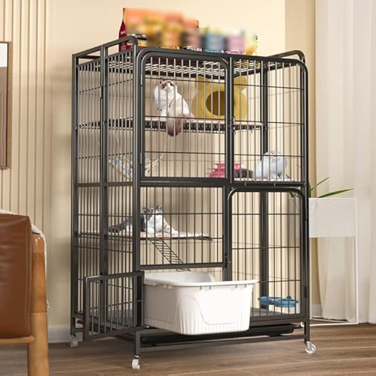 Large Cat Kennel 4-Tier Cat Cage Heavy Duty Metal Cat Enclosure with Wheels & Litter Box Multi Platforms for 1-4 Cats Rabbit Chinchilla Ferret no Installation RequiredBlack