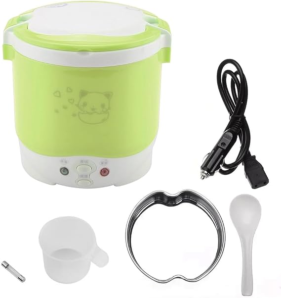 1L Mini Rice Cooker 12V Electric Lunch Box - Portable Travel Multifunctional Food Steamer for Car, Camping (Green)