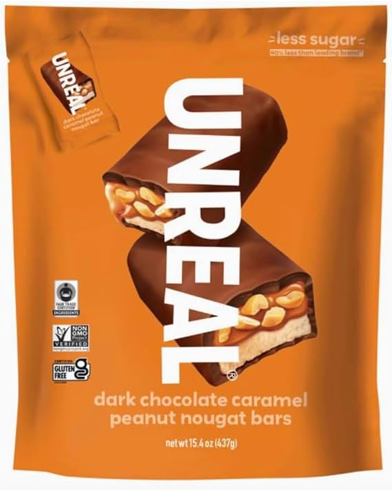 UNREAL Dark Chocolate Caramel Peanut Nougat Bars 15.4 oz (437g) Bag Gluten-Free, Non-GMO, 40% Less Sugar, Individually Wrapped