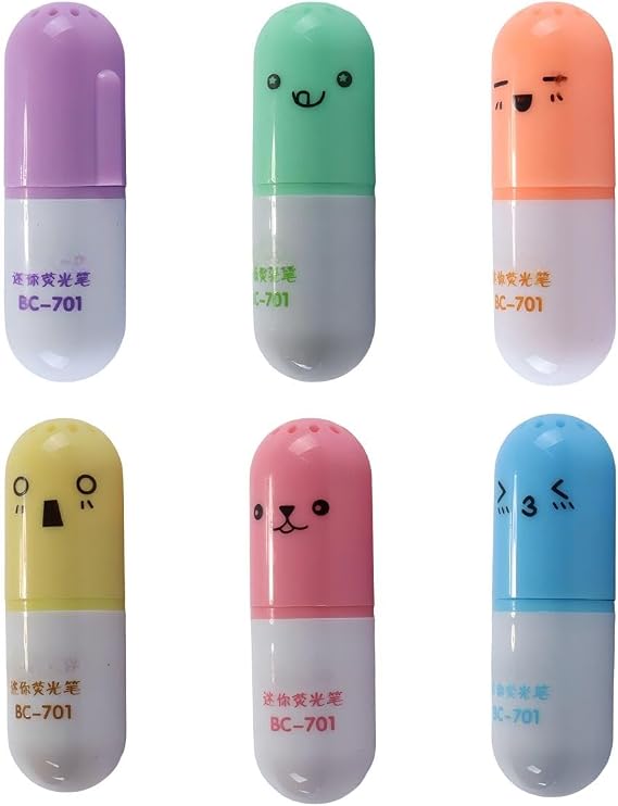 6 Pcs Mini Highlighters Pill Shaped Textliner Pens Funny Highlighter, Capsule-shaped Stationery for Students
