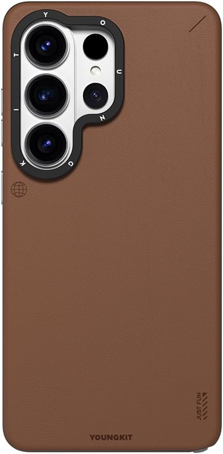 Galaxy S26 Ultra Kılıf M-safe Şarj Özellikli Basit Mat Deri Desenli Youngkit Tech Fashion Serisi Kapak Kahverengi