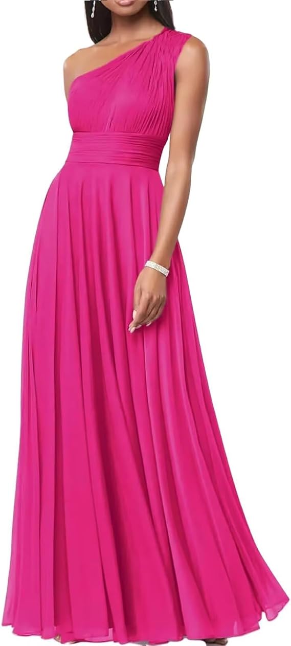 One Shoulder Chiffon Bridesmaid Dresses Pleated Long Formal Wedding Party Dress A Line Evening Dress