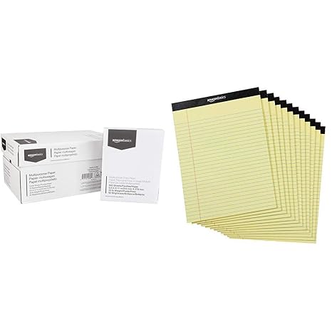 Amazon Basics Multipurpose Copy Printer Paper, 8.5" x 11", 20 lb, 10 Reams, 5000 Sheets, 92 Bright, White | Amazon Basics Wide Ruled Lined Writing Note Pad, 8.5 inch x 11.75 inch, Canary, 600 Sheets ( 12 Pack of 50 )