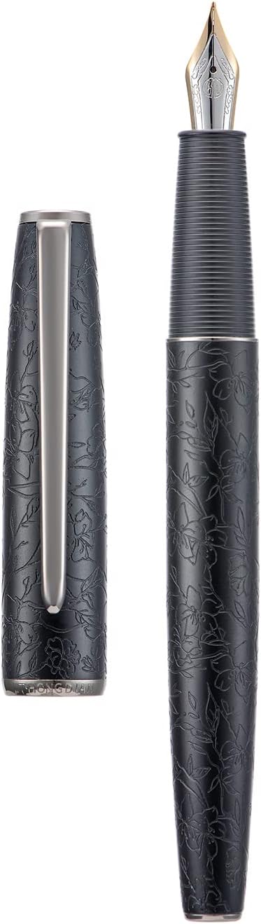 HONG DIAN A3 Black Aluminum Fountain Pen, Iridium Extra Fine Nib Blossom Engraving Design, Consistent Writing Pen with Ink Converter and Metal Pen Box Set
