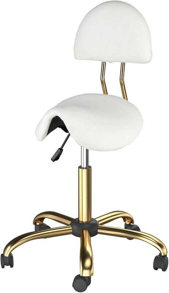 Bonnlo Saddle Stool with Wheels - Height Adjustable Swivel Stool with Backrest - for Salon Massage Home Kitchen Clinic, Weight Capacity 400lbs, White, Golden