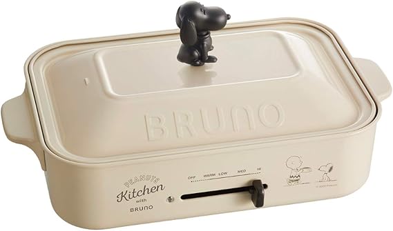 Bruno BOE070-ECRU Compact Hot Plate, Snoopy/Peanuts Collaboration, Main Body, 3 Plate Types Takoyaki, Flat, Multi, Includes Snoopy Knob, White, Stylish, Cute, 1 Unit, Includes Lid, Temperature
