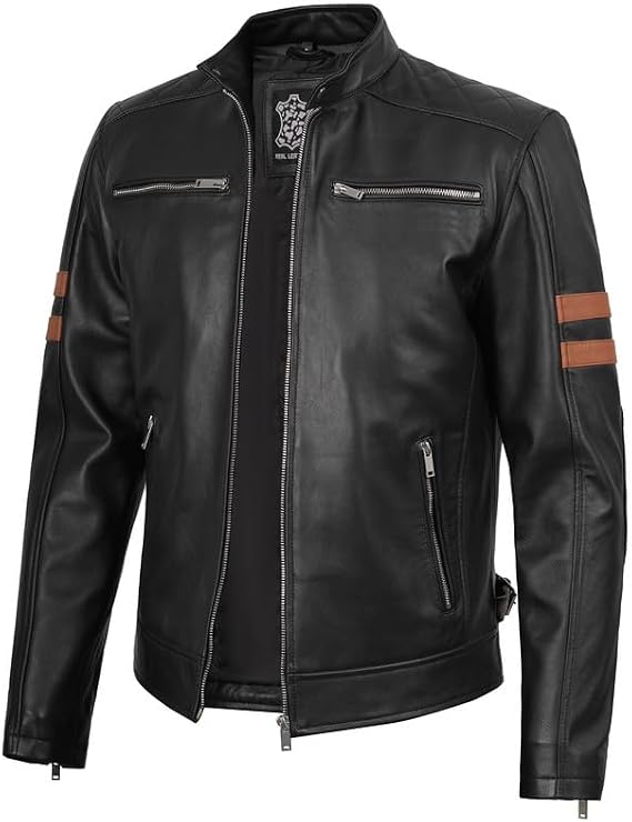 Decrum Cafe Racer Leather Jacket Men - Real Lambskin Biker Style Jacket with Snap-Tab Collar and Dual Stripes