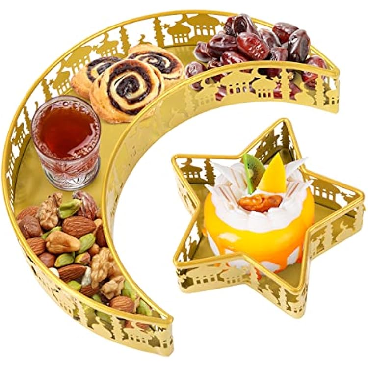 2PCS Ramadan Serving Trays Decorations for Home - Moon Star Shaped Eid Mubarak Table Decor Gifts, Islam Muslim Al-Fitr Iftar Party Crescent Iron Platters DishesPalace Pattern