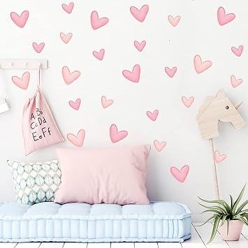80 Pieces Pink Heart Shape Wall Stickers for Bedroom, PVC, Girls Room Decor, Kids Nursery Wall Decals