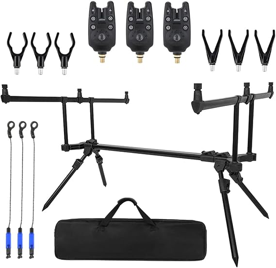 Adjustable Retractable Carp Fishing Rod Stand Holder with 3 Bite Alarms and 3 Bait s, Fishing Pole Pod Stand Tackle Set Accessories