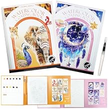 Mulyric 2-Pack Watercolor Painting Books for Adults & Beginners - All-in-One Creative Stress Relief Art Kit with 3-Fold Pad, 32 Pre-Printed Pages, 24 Colors & 2 Brushes (Animal + Starry Fairyland)