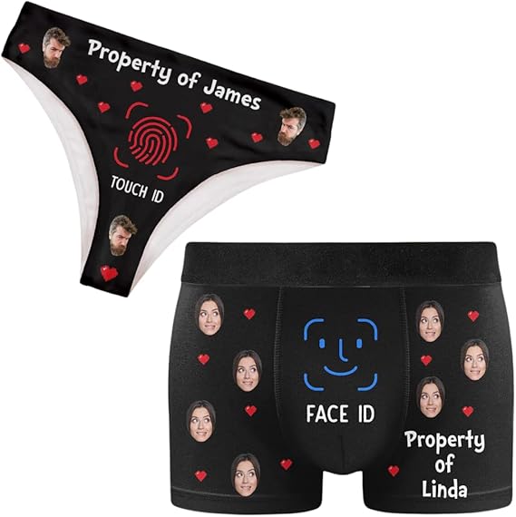 Face ID Touch ID Property of, Custom Face Couple Matching Underwear, Funny Valentine Matching Boxers and Thong, Naughty Couple Matching Briefs, Valentine's Day Christmas Wedding Couple Gifts