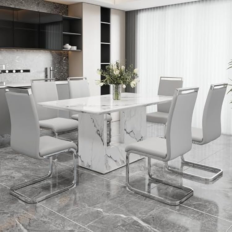 Dining Table Set for 6, 63 Kitchen Table and Chairs for 6, White Faux Marble Table and 6 PU Leather Modern Chairs Set, Suitable for Kitchen Dining Room,Easy to Assemble
