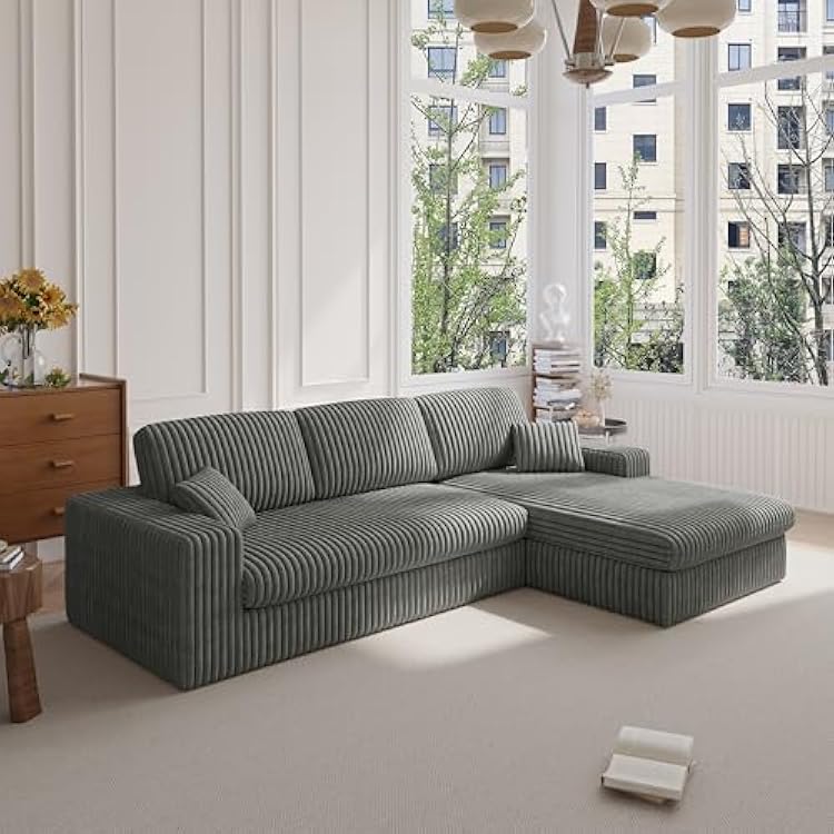 DEINPPA L Shaped Modular Sectional Couch, Modern Reversible Corduroy Couch with Pillows for Living Room Bedroom Apartment, Cloud Sofa with Deep Seat-Grey