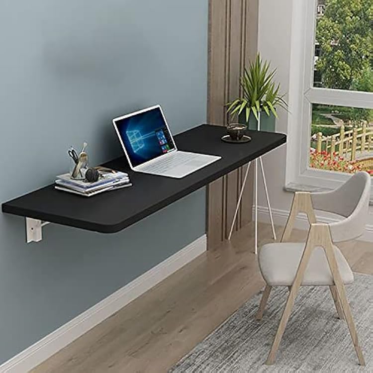 Drop Leaf Tables Fold Down Floating Desk, Wall Mounted Desk Folding Workbench, Solid Wood Mounted Floating Table, Wall Mounted Folding Table For Office Bedroom Kitchen Dining  Color : Black , Size :
