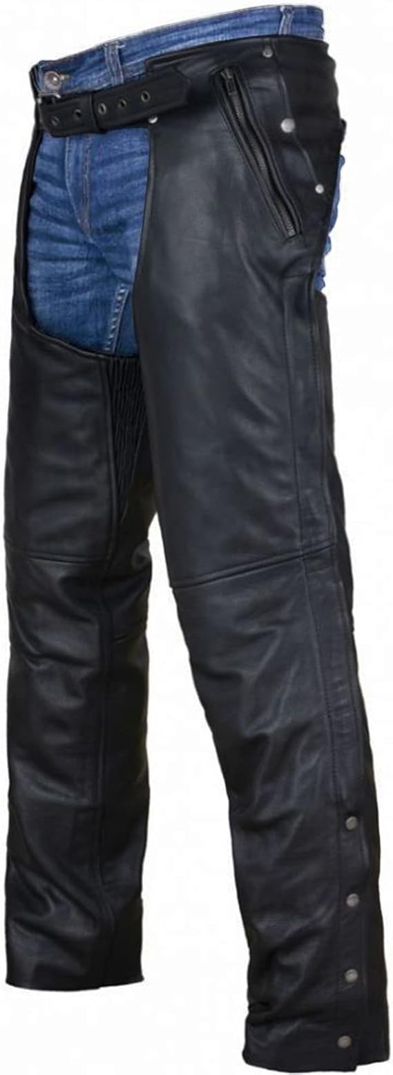 Dream Apparel Black Leather Motorcycle Riding Chaps for Men Women W/Liner and Four Pockets, Cowboy Biker Chaps Pants