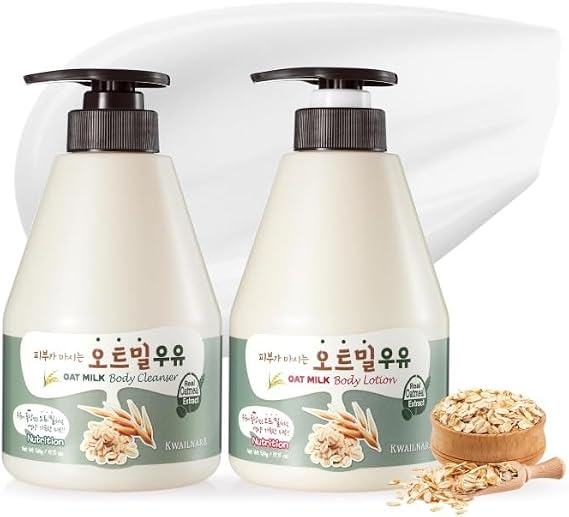 WELCOS Kwailnara Oat Milk Body Lotion & Body Wash Set 560g – Moisturising & Revitalising Korean Skincare Duo with Oat Extract, Hydrating Cleanser & Lotion for Dry Skin