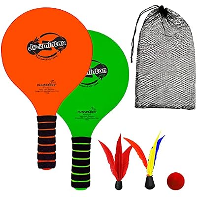 Jazzminton Paddle Ball Game Beach for Family and Friends - 2 Paddles, 2 Birdies, 1 Ball and Carry Bag Wind Birdie Included for Windy Days