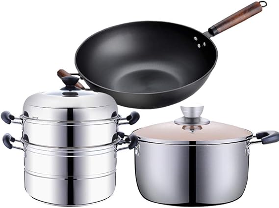 Cookware Set,3-Piece Stainless Steel Pot & Pan Sets, Induction Safe, Saucepan, Casserole with Glass Lid,Steamer (Set of 3) Suitable for Gas Induction Cooker Easy to Clean