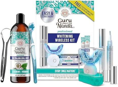 GuruNanda Whiter Smile Wellness Bundle Professional LED Whitening Kit & CocoMint Oil Pulling 8oz for a Brighter Smile, Fresher Breath & Complete Oral Care