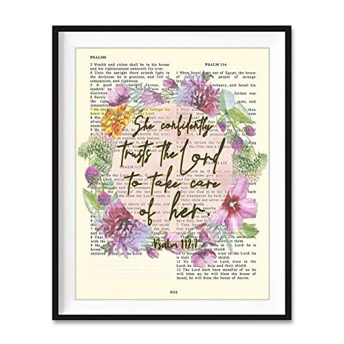 Vintage Bible Page Verse Scripture - She Confidently Trusts the Lord to Take Care of Her - Psalm 112:7 Christian Floral Art Print, Unframed, Christian Wall and Home Decor Poster, All Sizes