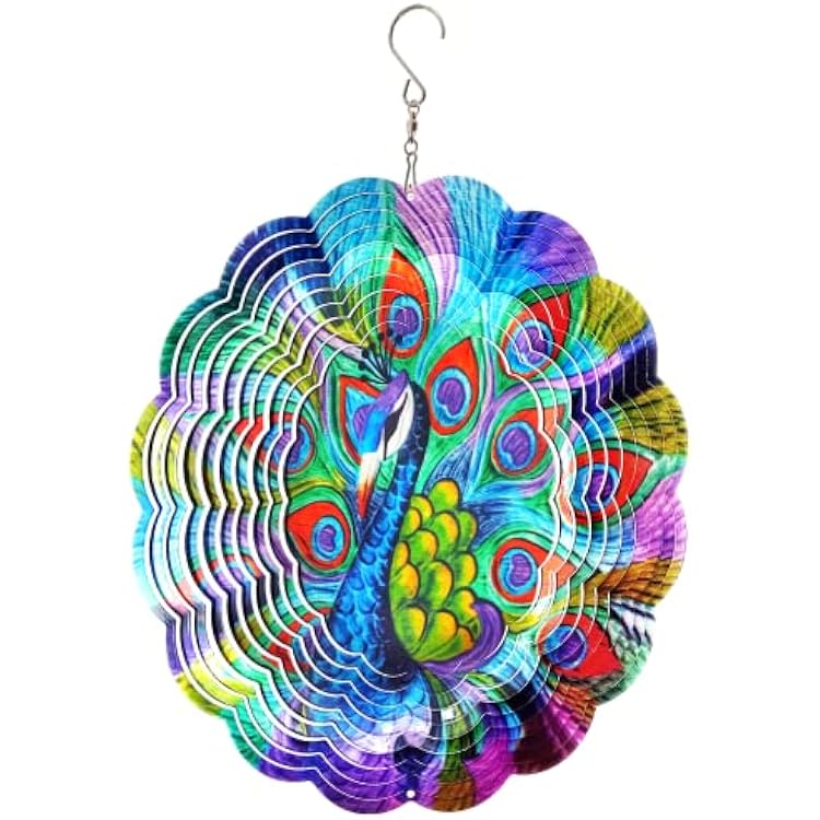 FONMY Wind Spinner Stainless Steel 3D Hanging Garden Decoration for Indoor Outdoor Metal Wind Spinners Peacock-12inch
