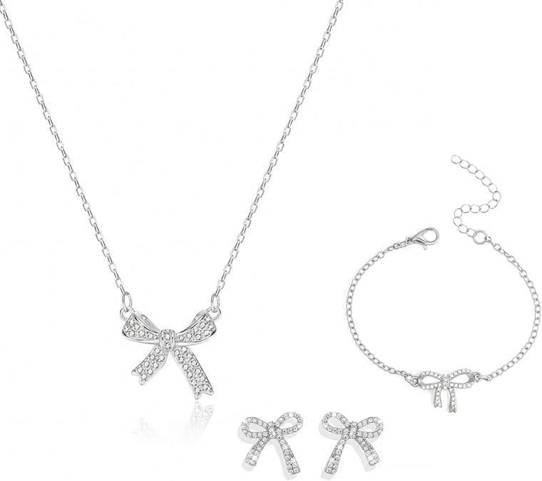 3 PCS Bow Jewelry Set, Necklace Bracelet Earrings with Rhinestone