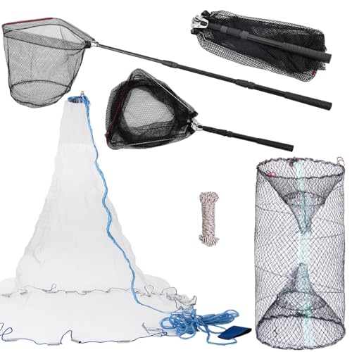 3 Pcs Foldable Fishing Net Accessories :Fishing Cast Net with Heavy Duty Real Zinc Sinker Weights Fishing Landing Net with Telescoping Pole Handle Crab Crayfish Shrimp Crab Trap