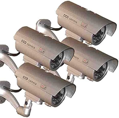 4 Pack (TM) Outdoor Dummy Fake Security Camera with Inflared LEDs Blinking Light, Silver