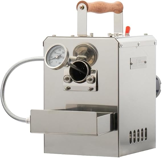 KALDI Motor Drive Type home coffee roaster, size(200g), Bi-metal thermometer, chaff tray included, hopper/sampler option, gas burner required, No thermocouples supported