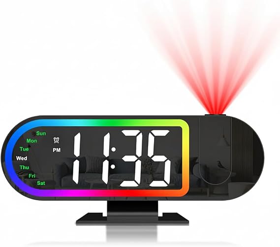 ORIA Projection Alarm Clocks for Bedrooms, 8.5" Digital Clock with 180 Rotatable Projector, 17 RGB Night Light & 3-Level Dimmer, Snooze, Temperature, for Home, Bedside, Ceiling, Wall