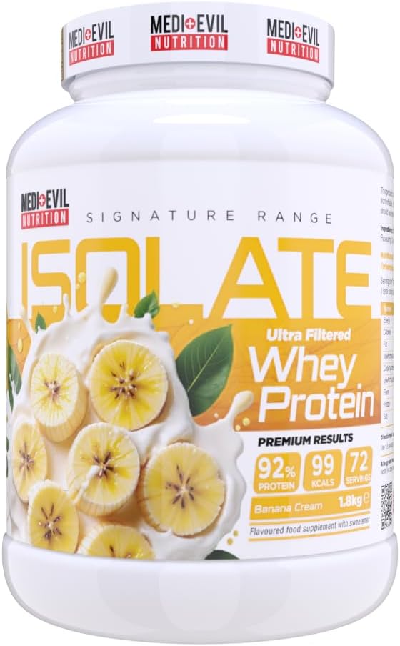 Medi Evil Nutrition Whey Protein Isolate 1.8kg – High Protein, Low Sugar, Low Carb, 99 Calories, Premium Protein Powder for Lean Muscle & Strength from Grass Fed Whey (1.8kg, Banana Cream)