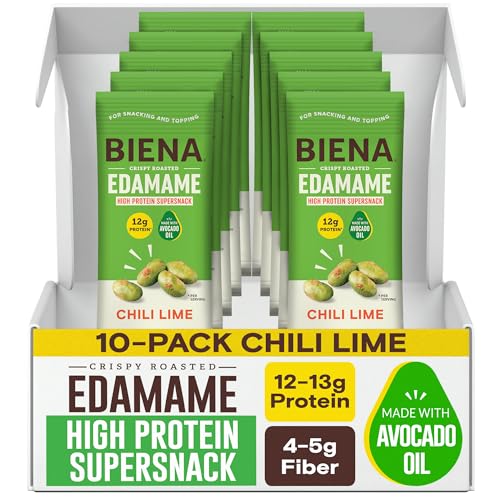 Biena Crispy Roasted Edamame Beans Snack High Protein Low Carb Snack for Adults & Kids, 12g Protein per Serving - Made wAvocado Oil Vegan, Gluten-Free 10-Pack, 1.05oz Bags, Chili Lime