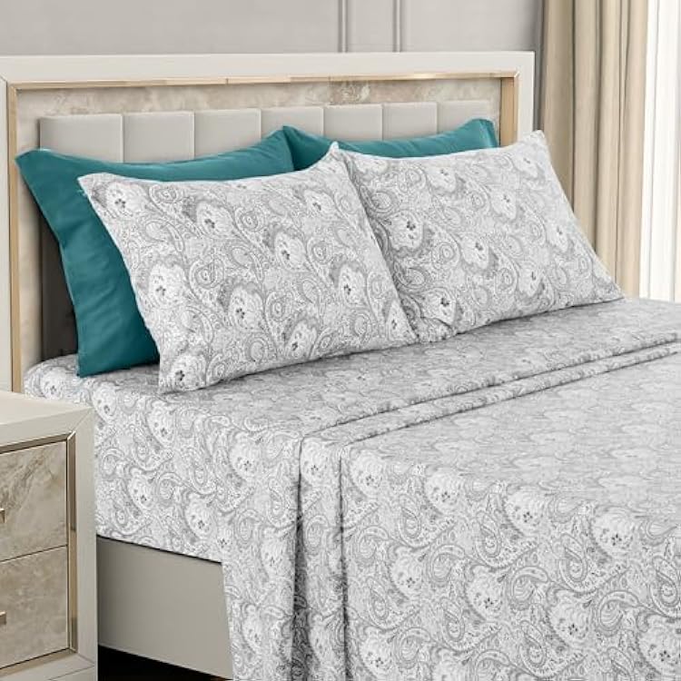 Ultra Soft Wrinkle-Free Microfiber Paisley Full Sheet Set, Breathable Boho Bed Sheet Set 16 Deep Pocket Fitted Sheet, Flat Sheet & 4 Pillowcases, Juegos de Sabanas, OEKO-TEX - WhiteGrey