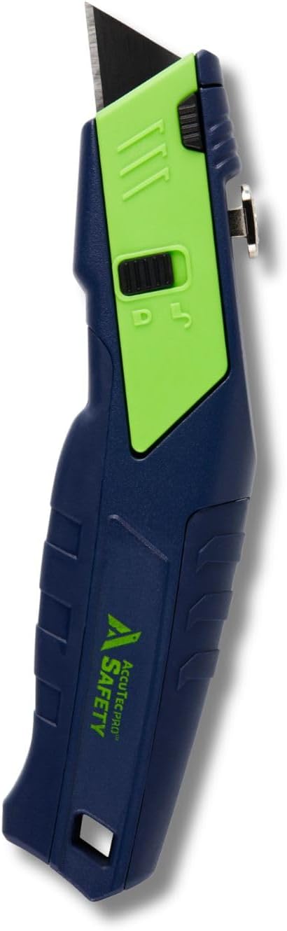 AccuTec Pro Safety L2 Auto Change Utility Knife, Model ASAL-L2ZI | Automatic Blade Reload, Zinc Handle with Rubber Grip, Standard Blade, Cuts Cartons, Tape and Corrugated Material