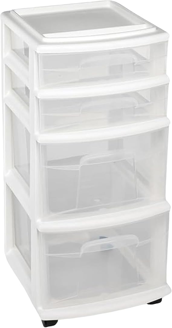 HOMZ Drawer Tower, 4-Tier Clear Plastic Storage Organizer Cart, White Frame - Rolling Drawers with Wheels for Desk, Dresser, Cabinet, Bedroom, Bathroom, Classroom, and Office Organization