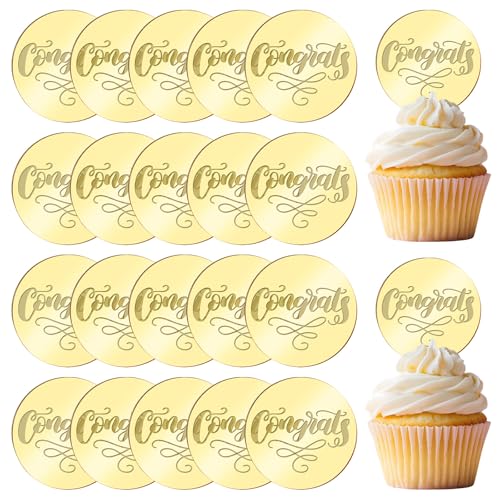 Congratulations Graduation Cupcake Toppers, 50pcs Round Acrylic Happy Graduation Cake Topper 2025 Mirror Charm Cake Decorations for Ceremony