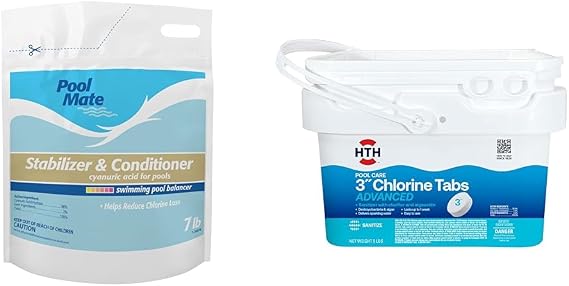 Pool Mate Cyanuric Acid 7-Pounds and HTH 5-Pound Individually Wrapped 3" Chlorine Tabs Advanced for Pools