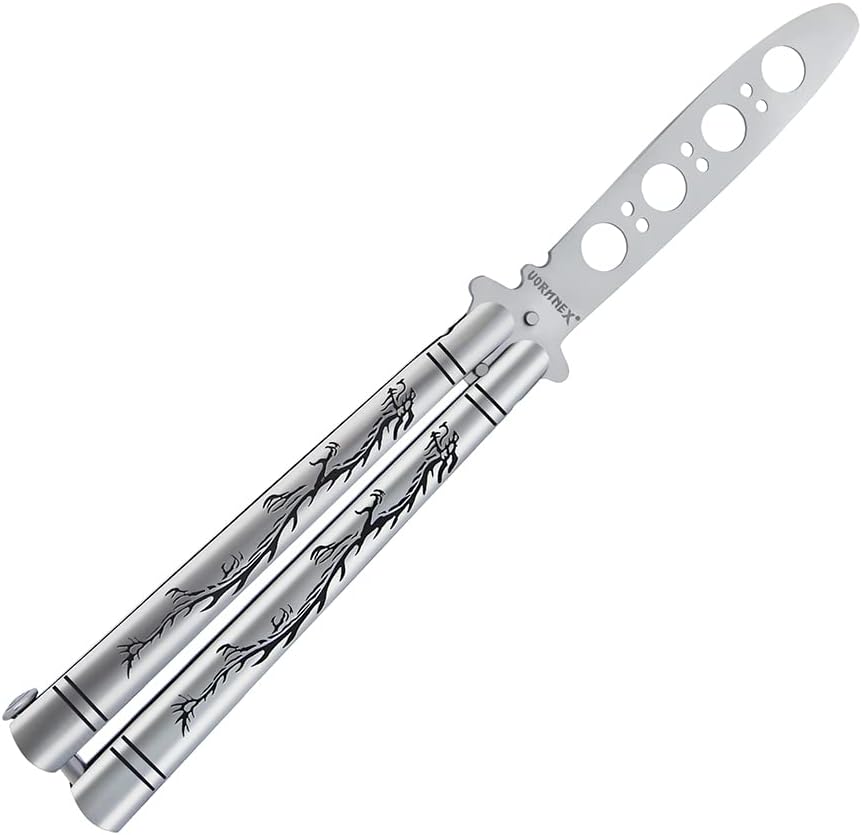 Practice Butterfly knife Trainer with Sure Spring Latch, Full Stainless Steel Black Dull Balisong, Unsharpened Butterfly knives Comb for CSGO TrainingSilver