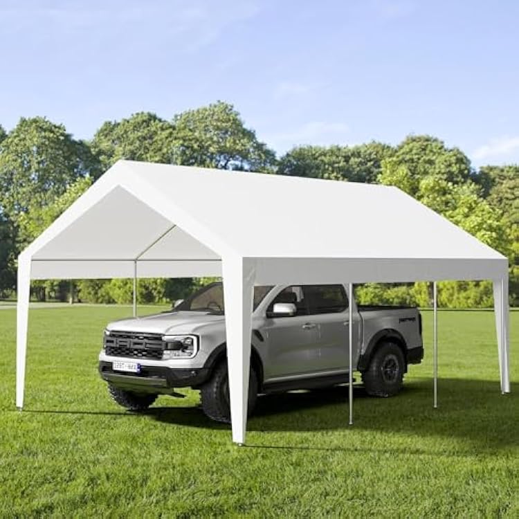 10X20Ft Heavy Duty Carport, Portable Heavy Duty Garage Shelter with Powder Coated Steel Frame, Waterproof UV-Resistant Triple-Layer Tarp, Garage Tent for Cars, Trucks and Boats, White