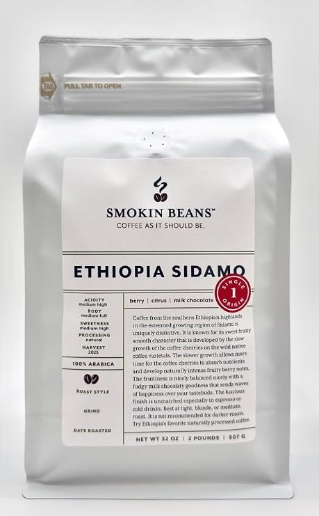 Smokin Beans 2-Pound Ethiopia Sidamo Freshly Roasted Coffee, Natural Processing, Medium Roast, Premium Whole Bean Specialty Coffee